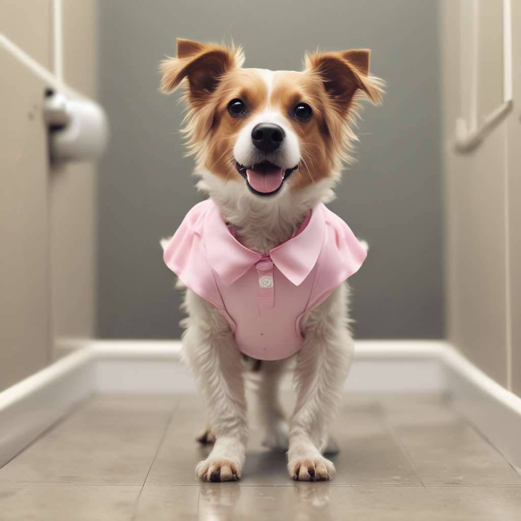 Dog in a ballet suit pooping in the toilet